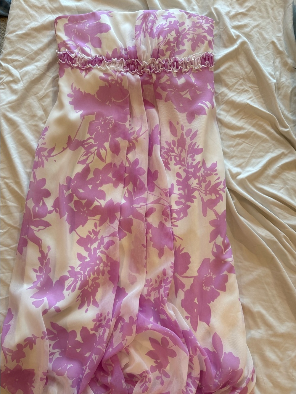 David's Bridal Vintage Lavender and White Floral Strapless Bubble-Hem Dress